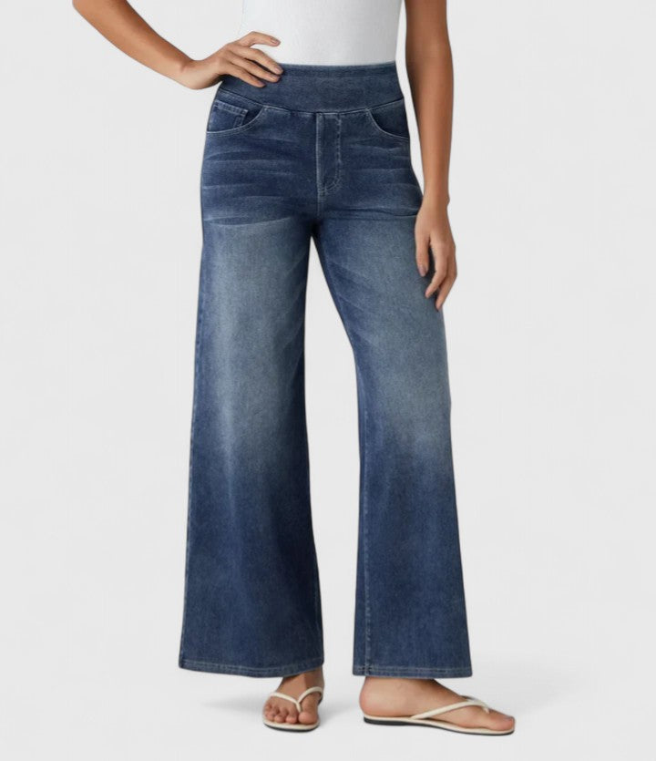 Pull On Wide Leg Jeans Women - High Waisted Stretch Denim