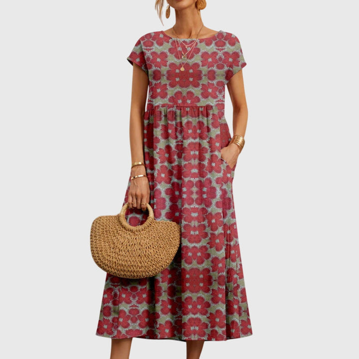 Floral Short Sleeve Midi Dress with Pockets and Round Neck