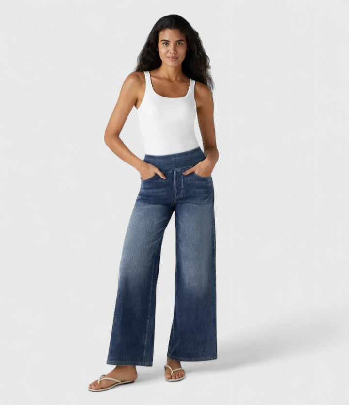 Pull On Wide Leg Jeans Women - High Waisted Stretch Denim