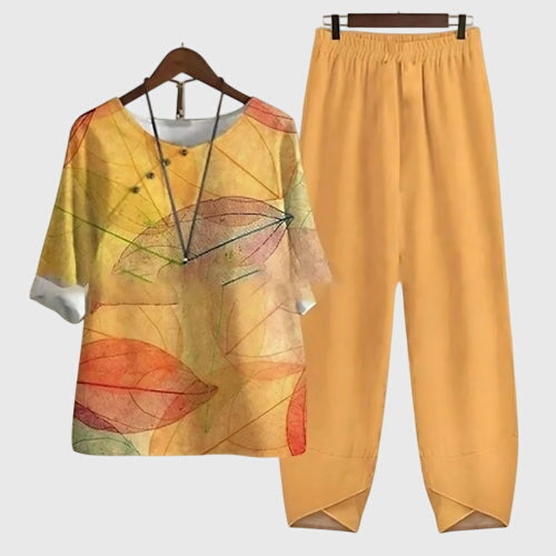 Comfortable Print Linen Top and Trouser Set Women