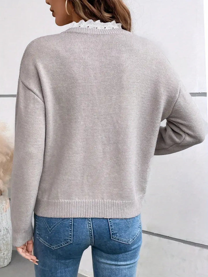 Rosamund | Women's V-Neck Sweater with Scalloped Lace Insert
