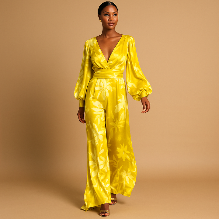 Floral Satin Wrap V Neck Balloon Sleeve Maxi Dress