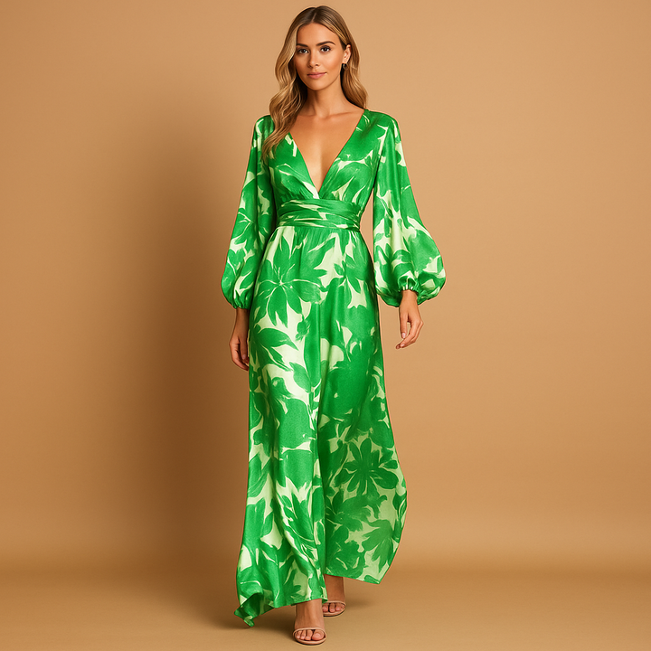 Floral Satin Wrap V Neck Balloon Sleeve Maxi Dress
