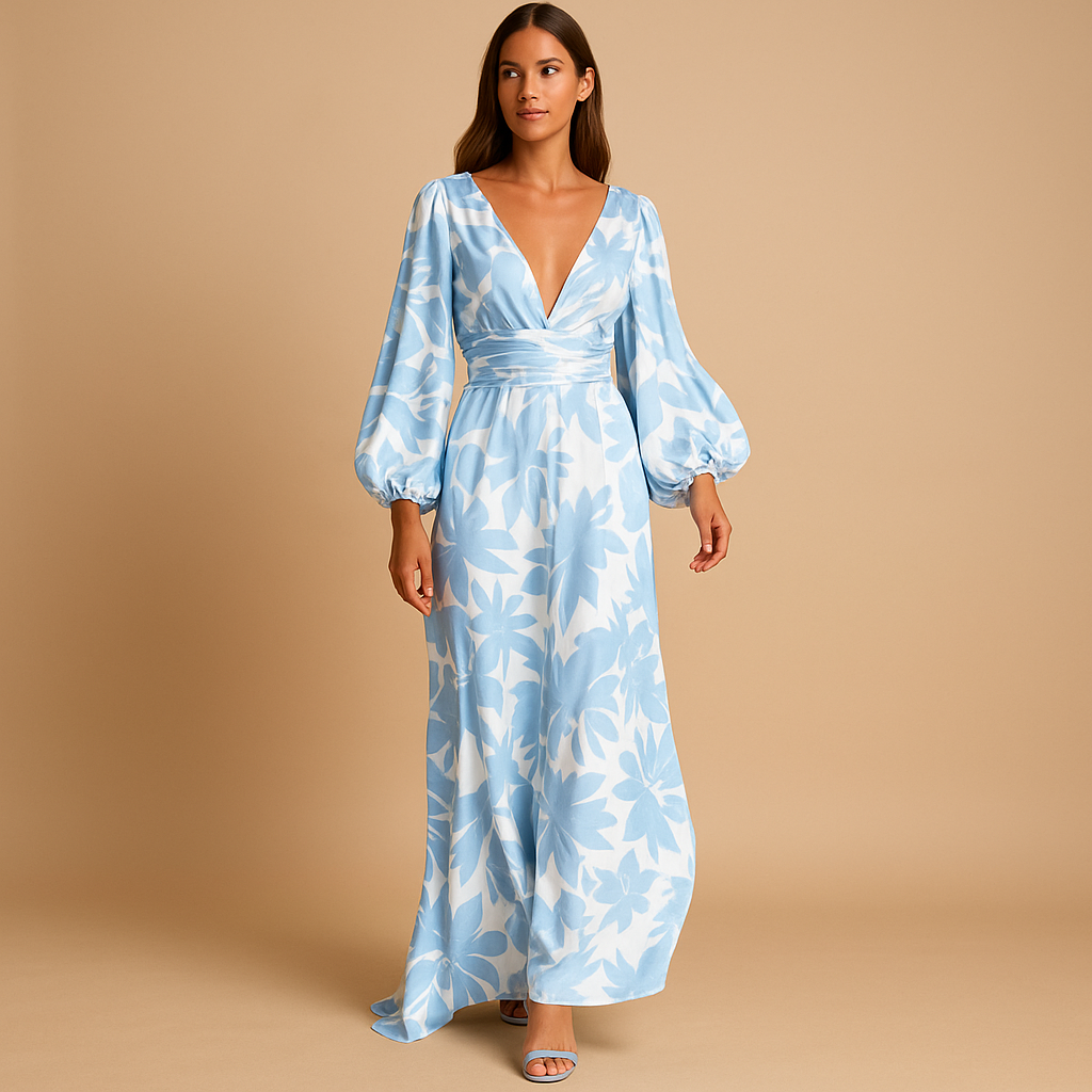 Floral Satin Wrap V Neck Balloon Sleeve Maxi Dress