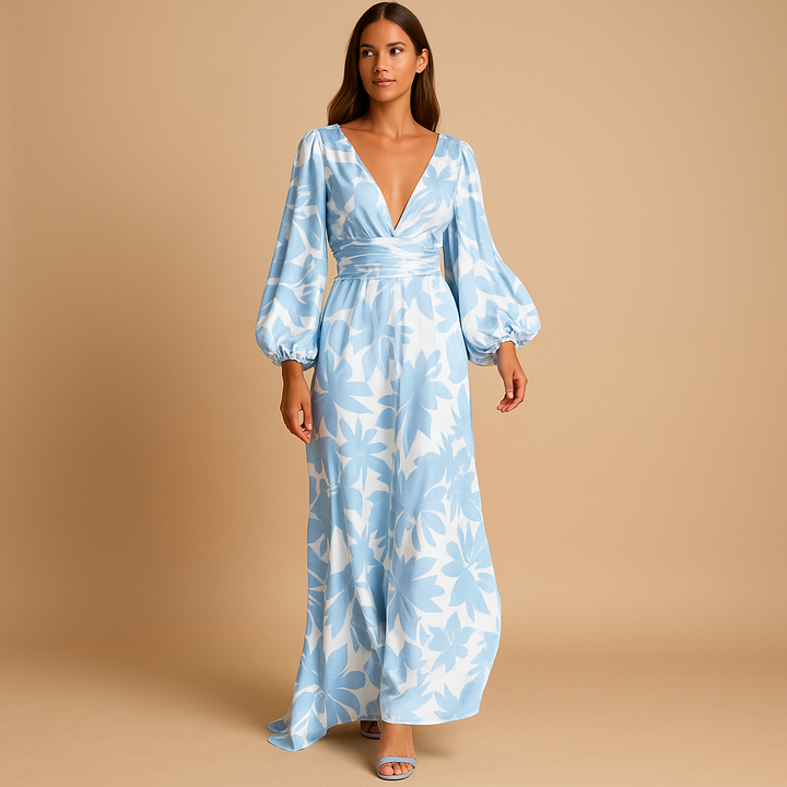 Floral Satin Wrap V Neck Balloon Sleeve Maxi Dress