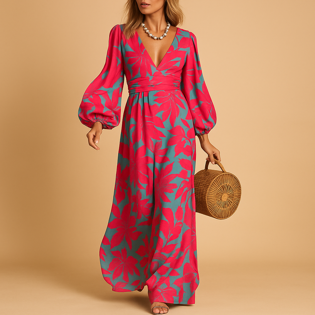 Floral Satin Wrap V Neck Balloon Sleeve Maxi Dress