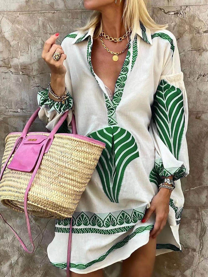 Botanical Print V-Neck Collar Long Sleeve Mini Dress