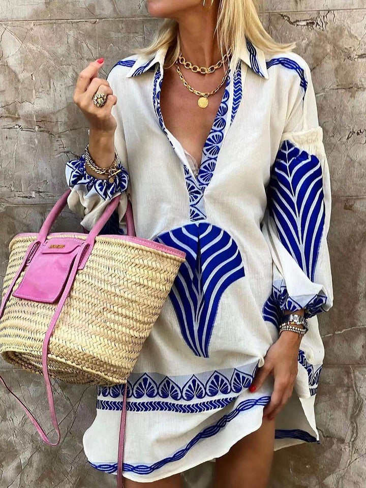 Botanical Print V-Neck Collar Long Sleeve Mini Dress
