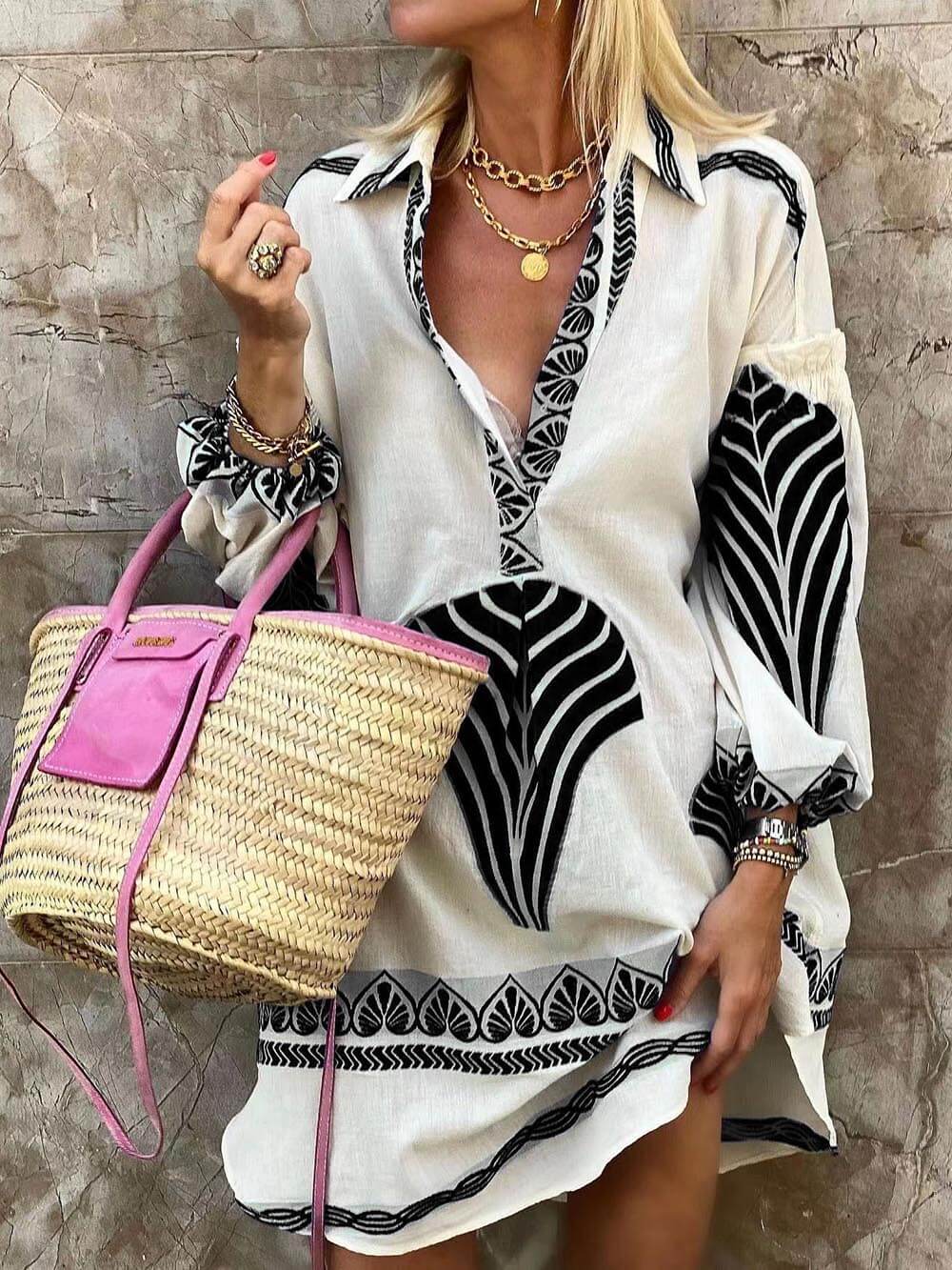 Botanical Print V-Neck Collar Long Sleeve Mini Dress