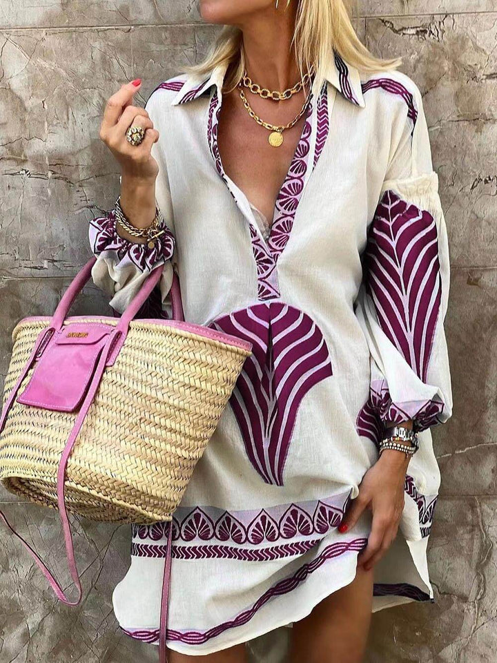 Botanical Print V-Neck Collar Long Sleeve Mini Dress