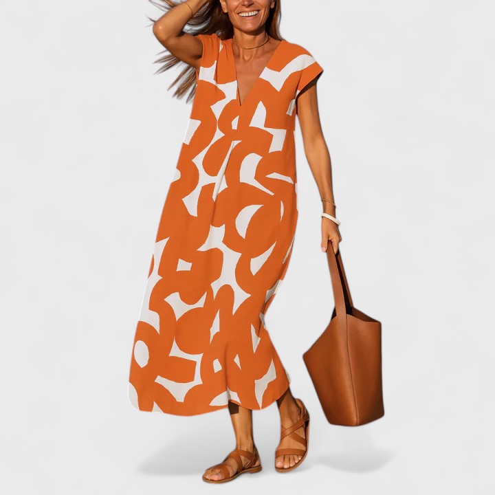 Abstract Print V Neck Midi Dress Loose Fit