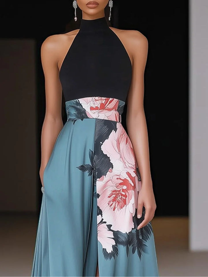 Floral Print Halter Neck Split Hem Maxi Dress - Formal Evening Gown