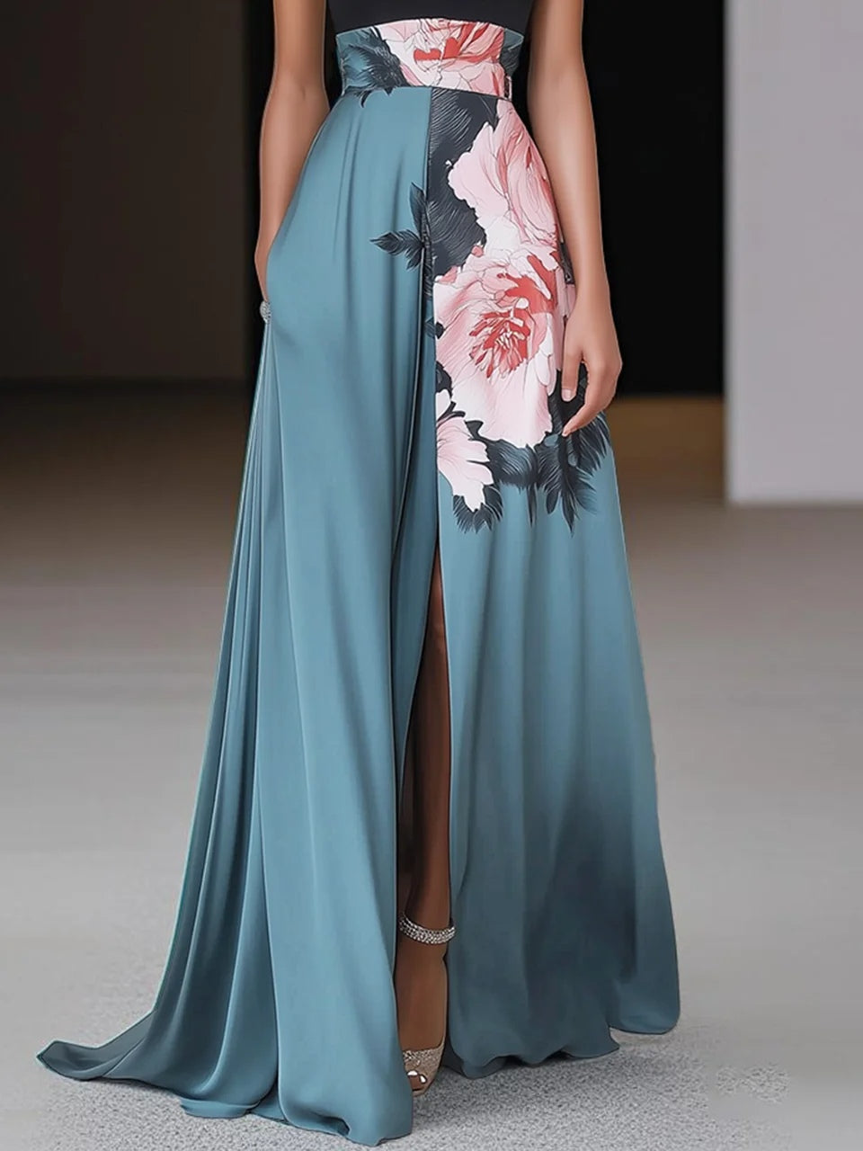 Floral Print Halter Neck Split Hem Maxi Dress - Formal Evening Gown