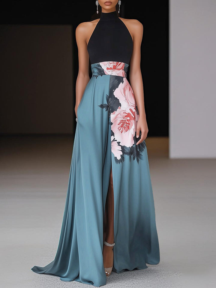 Floral Print Halter Neck Split Hem Maxi Dress - Formal Evening Gown