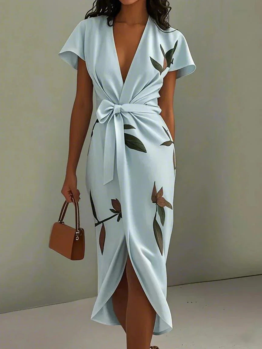 Botanical Print Flutter Sleeve Bow Tie Wrap Midi Dress