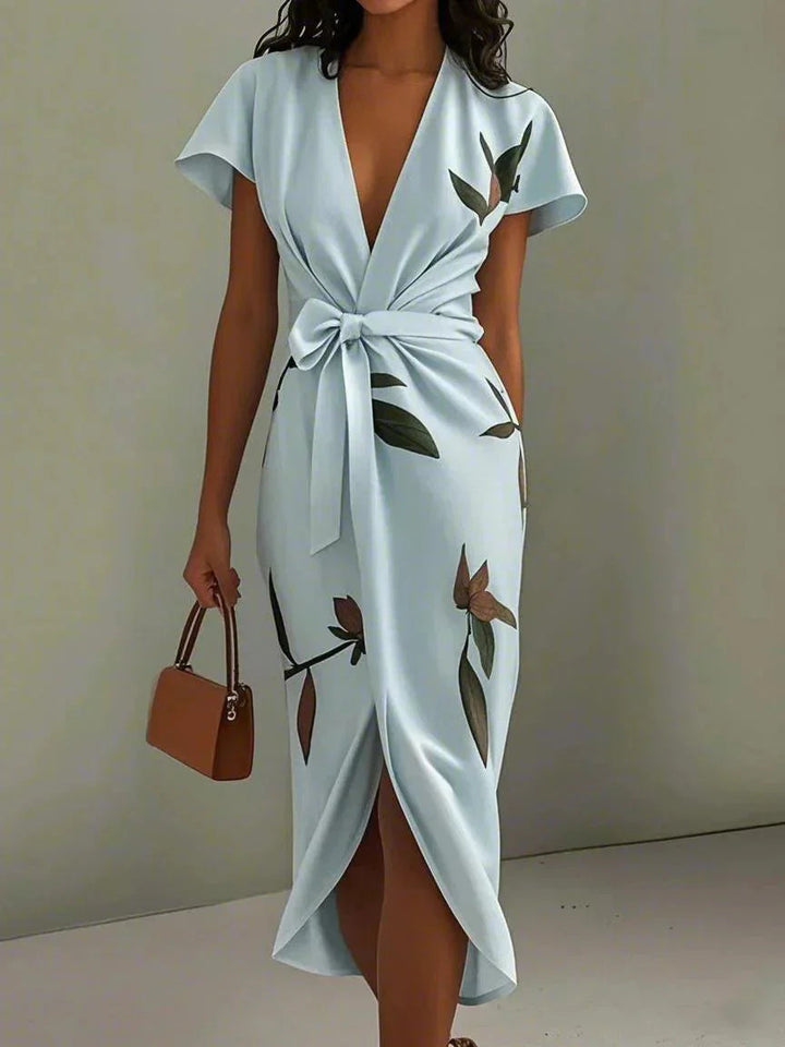 Botanical Print Flutter Sleeve Bow Tie Wrap Midi Dress