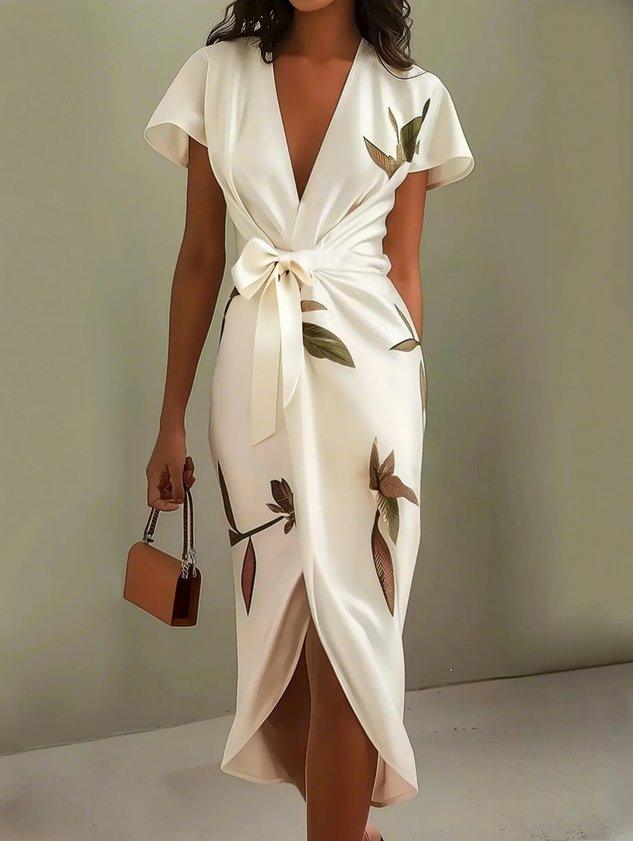 Botanical Print Flutter Sleeve Bow Tie Wrap Midi Dress