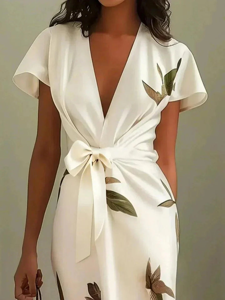 Botanical Print Flutter Sleeve Bow Tie Wrap Midi Dress