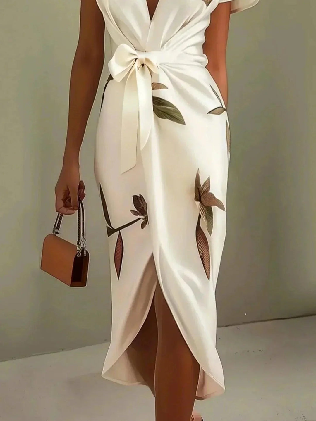 Botanical Print Flutter Sleeve Bow Tie Wrap Midi Dress