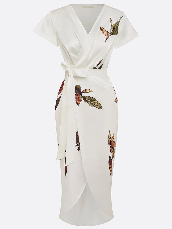 Botanical Print Flutter Sleeve Bow Tie Wrap Midi Dress