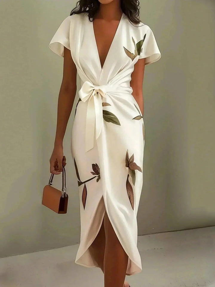 Botanical Print Flutter Sleeve Bow Tie Wrap Midi Dress
