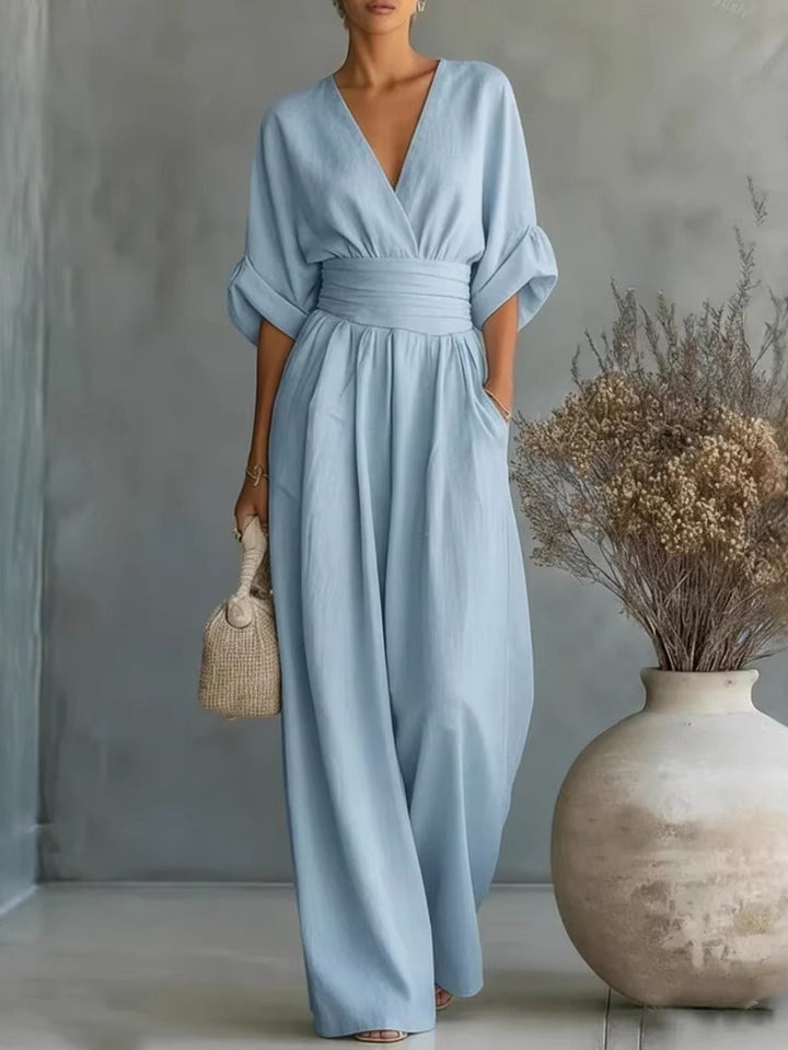 Deep V Neck Balloon Sleeve Wide Waistband Wide Leg Jumpsuit