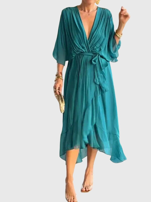 V Neck Belted Wrap Midi Dress Flowy Fit