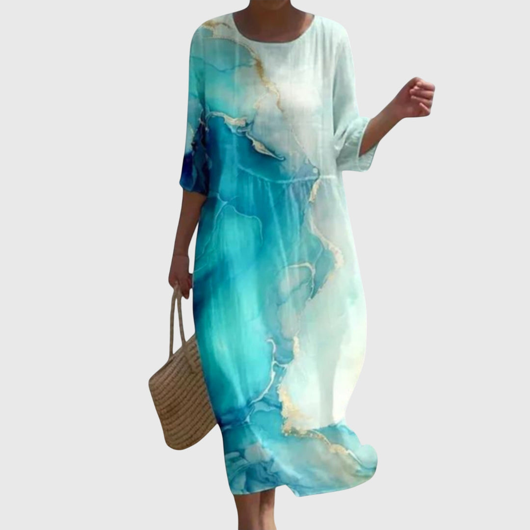Floral Midi Dress Loose Fit Three Quarter Sleeve