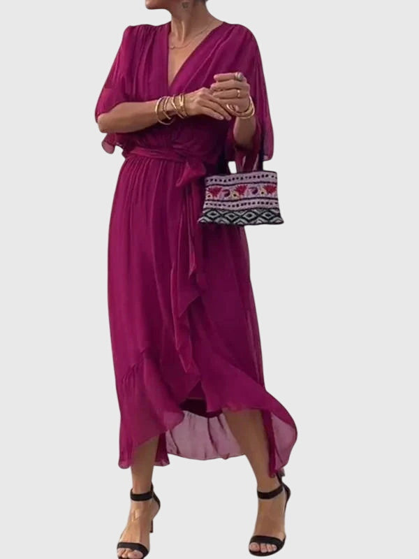 V Neck Belted Wrap Midi Dress Flowy Fit