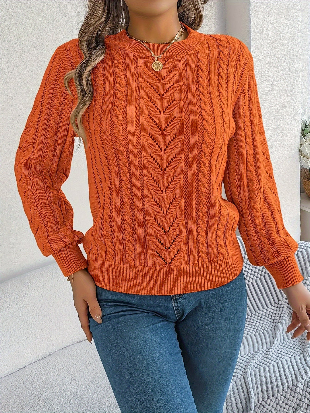 Dorothea | Women's Crew Neck Sweater in Textured Pointelle and Cable Knit