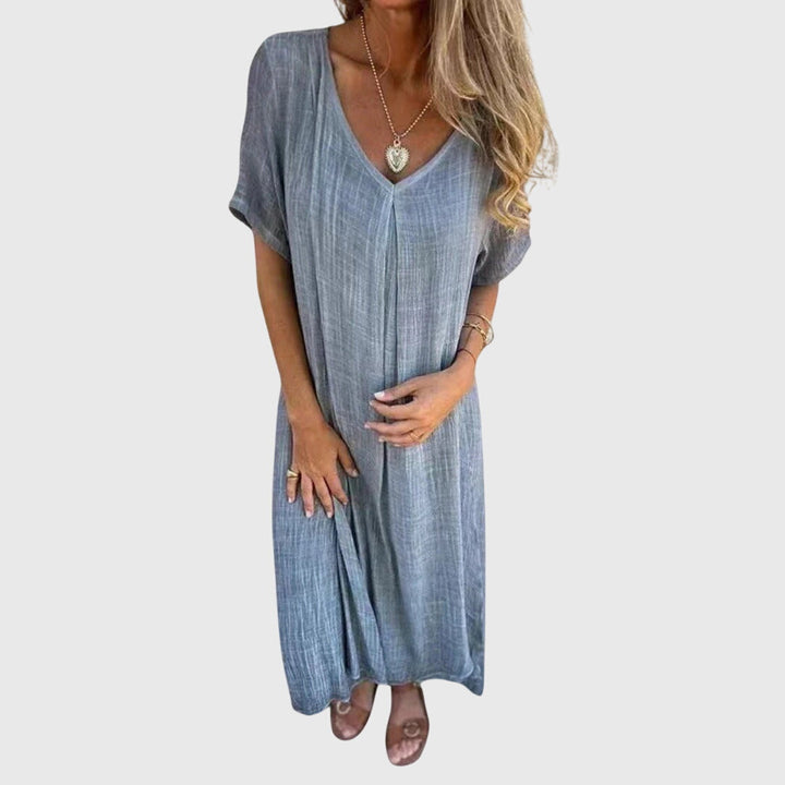 Casual Cotton Linen V Neck Summer Midi Dress