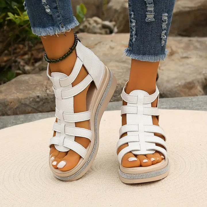Caged Multi Strap Back Zip Rhinestone Trim Platform Sandal