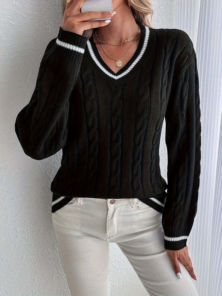 Verona | Women's Oversized Varsity Stripe V-Neck Pullover Sweater in Cable Knit