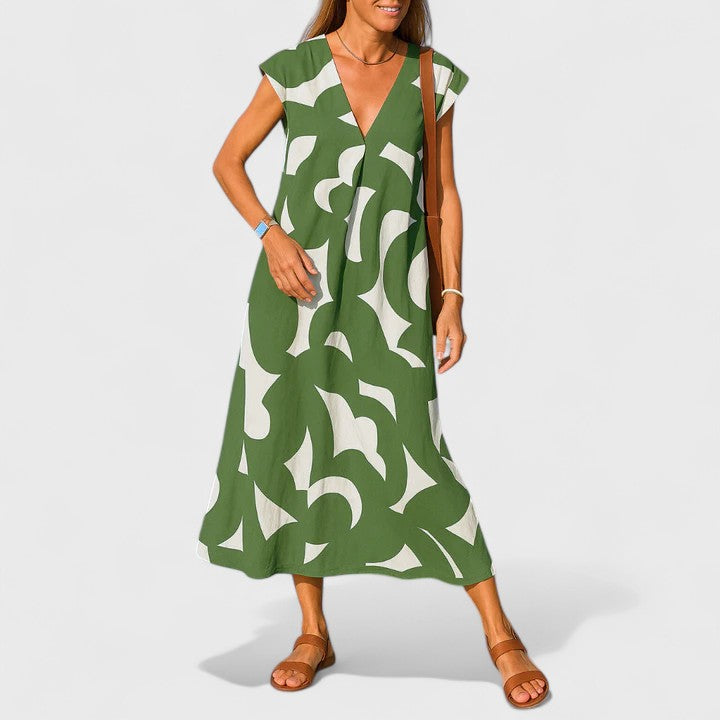 Abstract Print V Neck Midi Dress Loose Fit