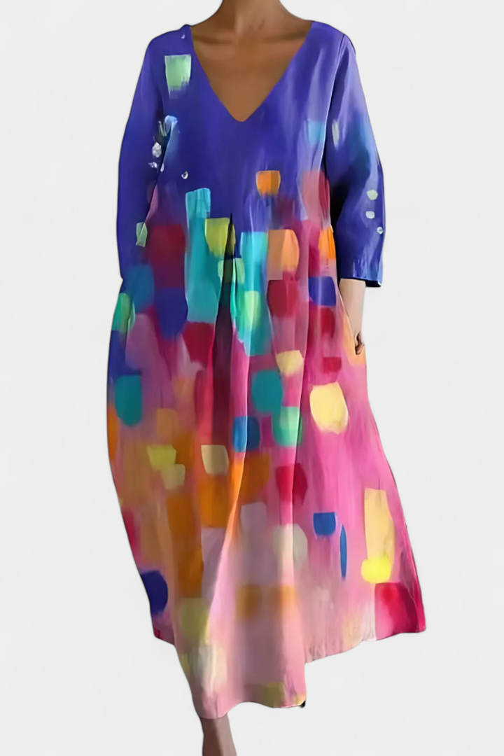 Colourful Abstract Midi Dress Loose Fit Three Quarter Sleeve