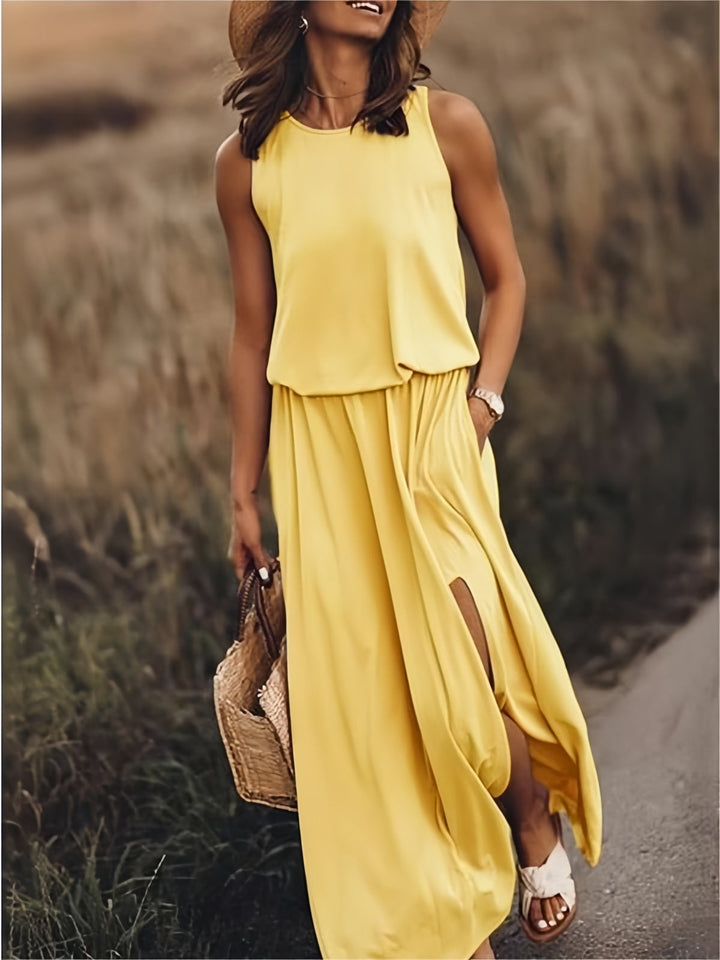 Sleeveless Blouson Elasticated Waist Side Slit Maxi Dress