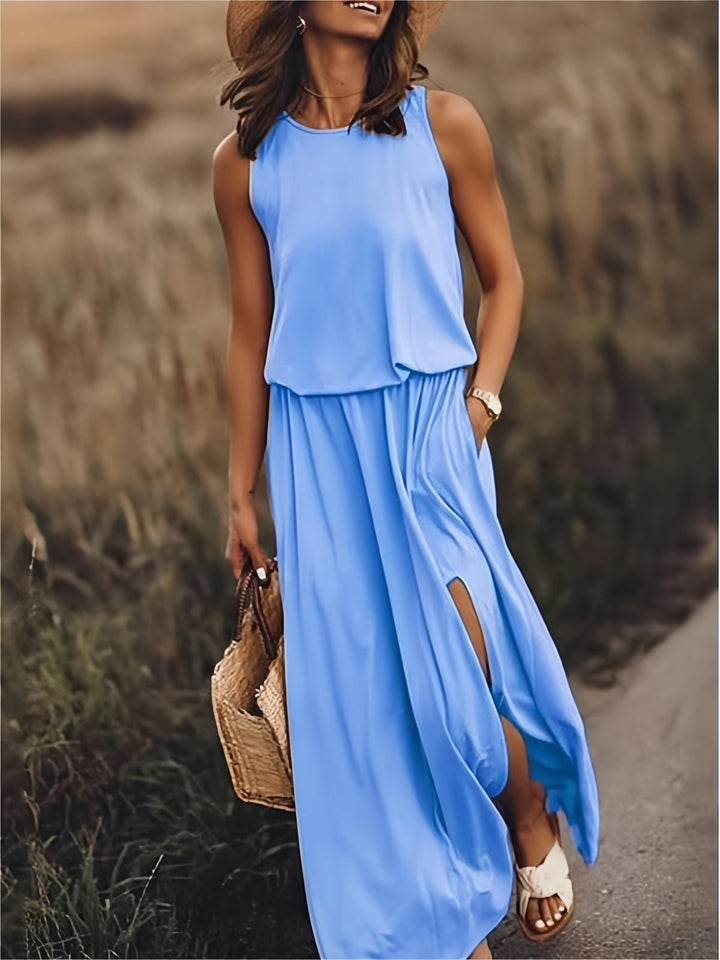 Sleeveless Blouson Elasticated Waist Side Slit Maxi Dress