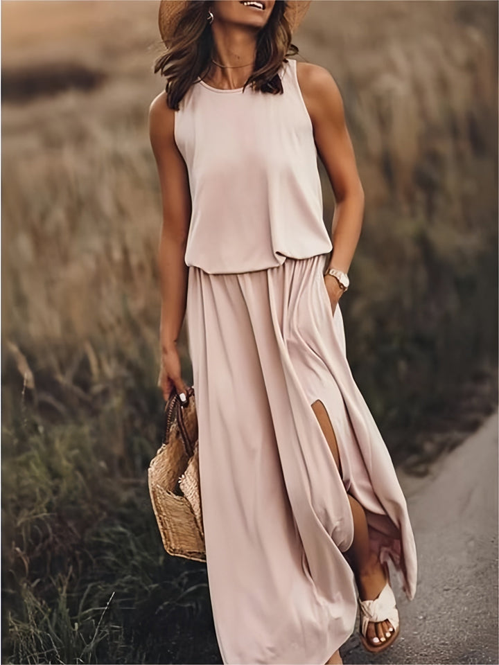 Sleeveless Blouson Elasticated Waist Side Slit Maxi Dress