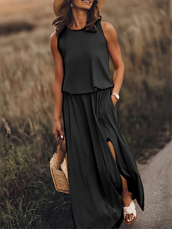 Sleeveless Blouson Elasticated Waist Side Slit Maxi Dress