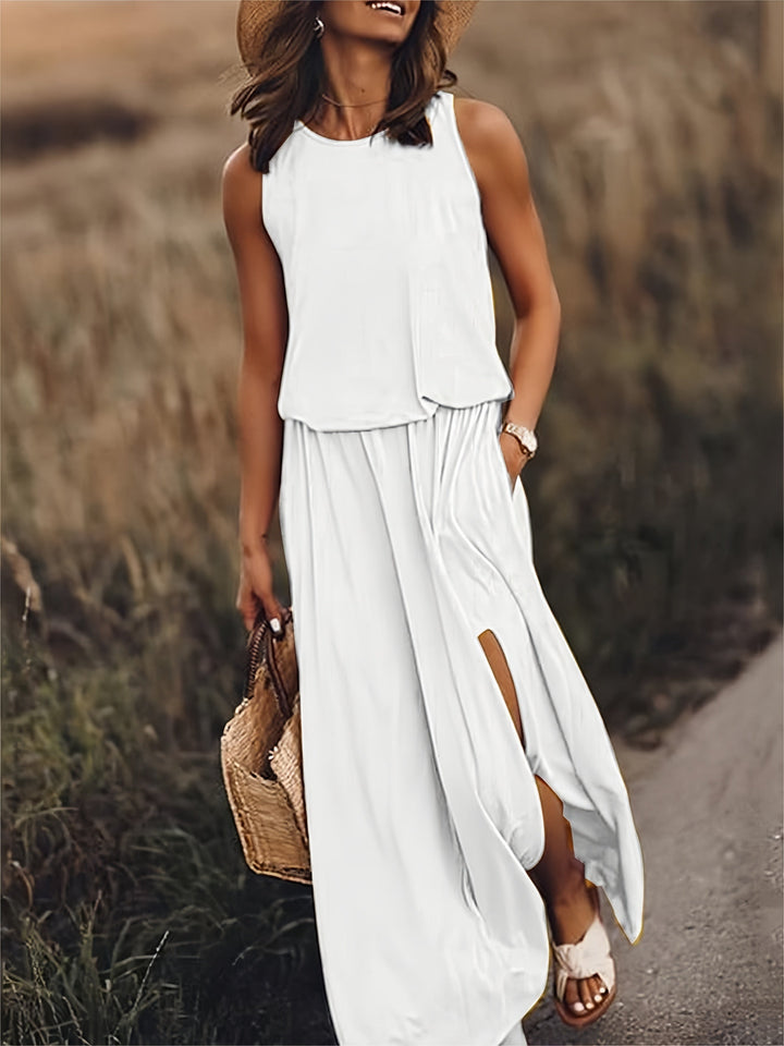 Sleeveless Blouson Elasticated Waist Side Slit Maxi Dress