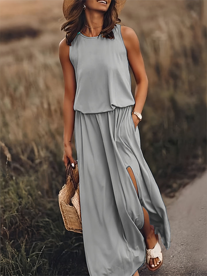 Sleeveless Blouson Elasticated Waist Side Slit Maxi Dress