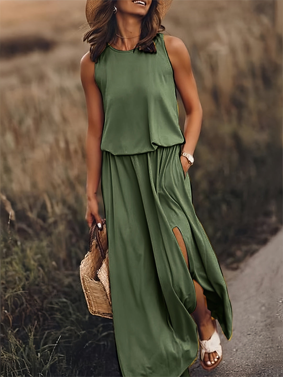Sleeveless Blouson Elasticated Waist Side Slit Maxi Dress