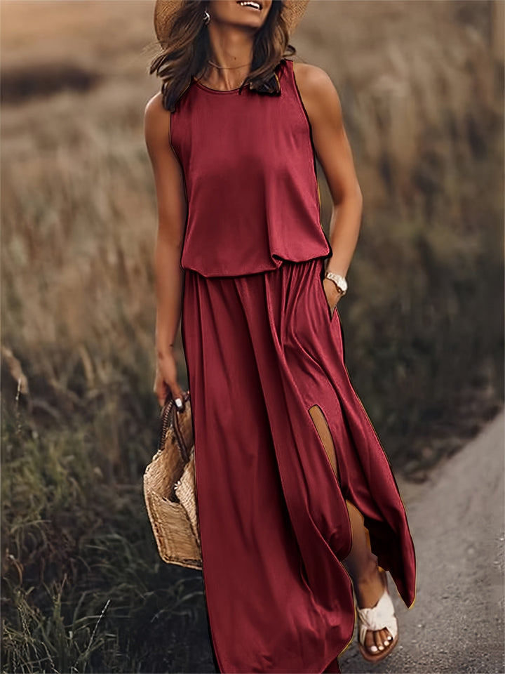 Sleeveless Blouson Elasticated Waist Side Slit Maxi Dress
