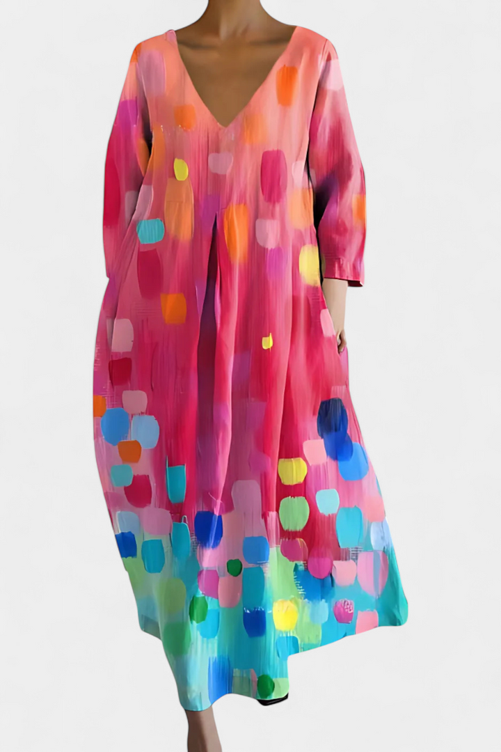 Colourful Abstract Midi Dress Loose Fit Three Quarter Sleeve