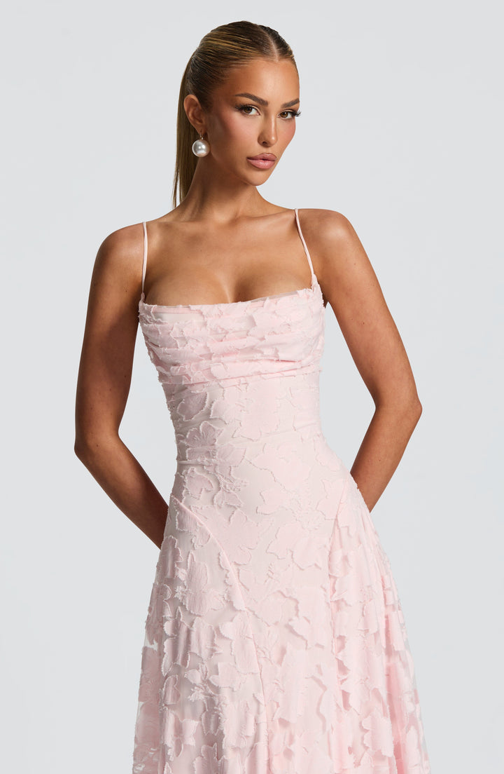Floral Appliqué Spaghetti Strap Cowl Neck A Line Maxi Dress - Formal Evening Gown