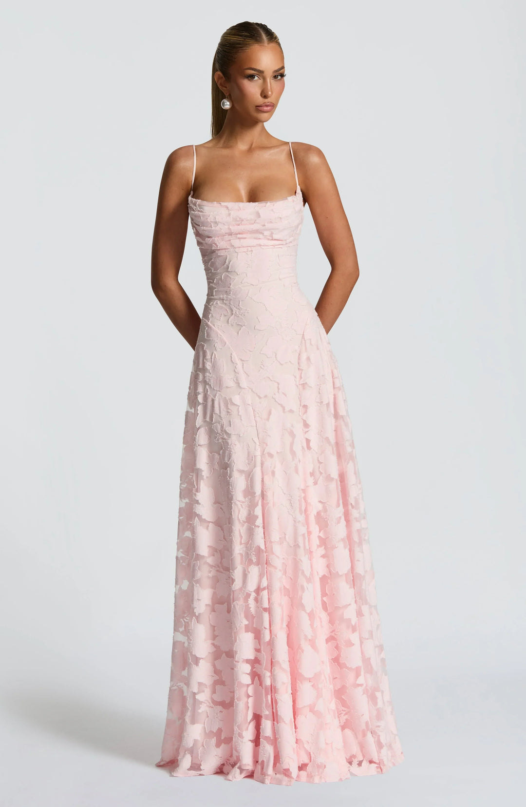 Floral Appliqué Spaghetti Strap Cowl Neck A Line Maxi Dress - Formal Evening Gown