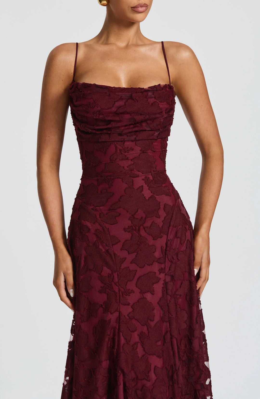 Floral Appliqué Spaghetti Strap Cowl Neck A Line Maxi Dress - Formal Evening Gown