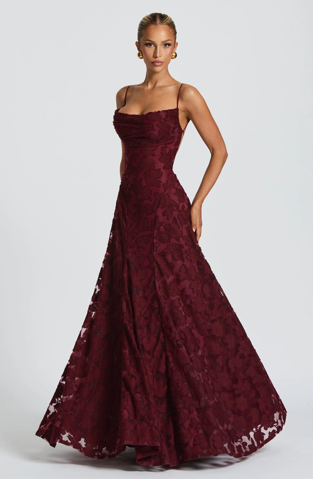 Floral Appliqué Spaghetti Strap Cowl Neck A Line Maxi Dress - Formal Evening Gown