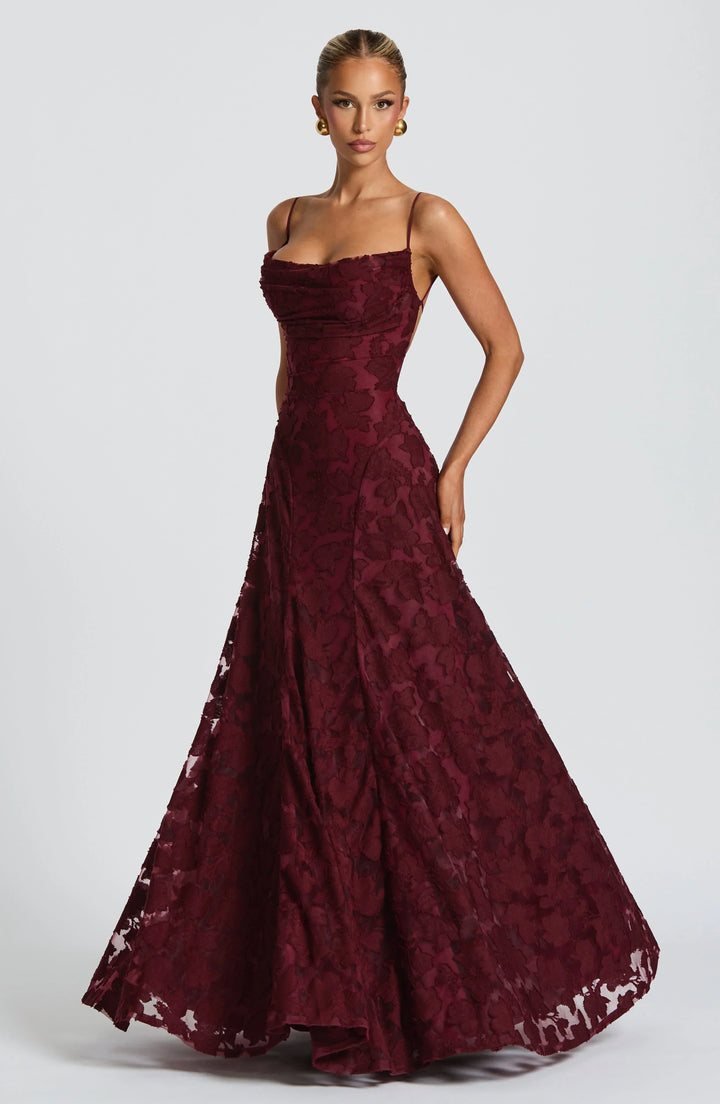 Floral Appliqué Spaghetti Strap Cowl Neck A Line Maxi Dress - Formal Evening Gown