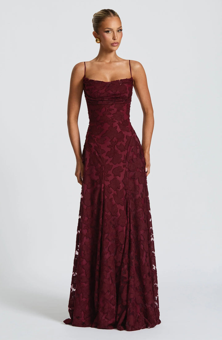 Floral Appliqué Spaghetti Strap Cowl Neck A Line Maxi Dress - Formal Evening Gown